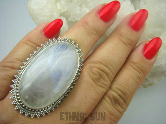 bpe6073 OGROMNY  26 G Pierścień Biały Niebieski Kamień Księżycowy w orientalnej oprawie r.17 Srebro 925 #