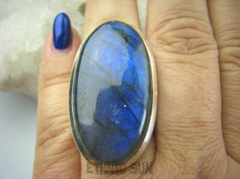 bpe5868 Duży 19 gramów !!! Klasyczny Pierścień Granatowy Labradoryt Spektrolit - kamień Zorzy Polarnej r.17 Srebro 925 #