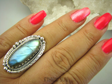 bpe8176 Wielobarwny Pierścień Labradoryt Spektrolit - kamień Zorzy Polarnej r.17 Srebro 925 #