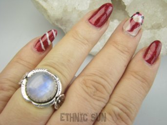 bpe9477 Piękny  Delikatny Pierścień Pierścionek NIEBIESKI Kamień Księżycowy r.16 Srebro 925 #