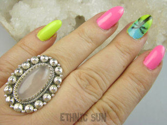 bpe9593 Biżuteria Orientalna !!!! Egzotyczny Pierścień Pierścionek KWARC Różowy Kamień mocnego SERCA r.18 Srebro 925 #