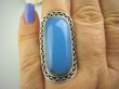 bpe3652 Błękitno - Niebieski CHALCEDON (TARCZYCA) Długi 4.1 cm Pierścień z chalcedonem r.17 Srebro 925 czakra gardła # - 2