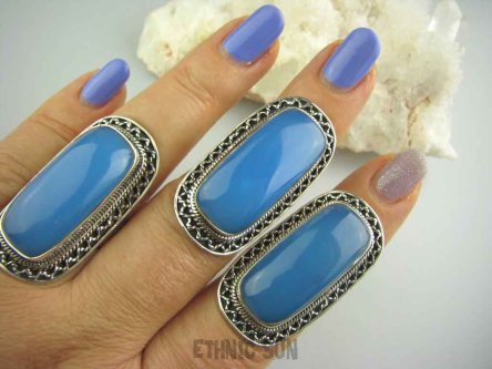 bpe3652 Błękitno - Niebieski CHALCEDON (TARCZYCA) Długi 4.1 cm Pierścień z chalcedonem r.17 Srebro 925 czakra gardła #