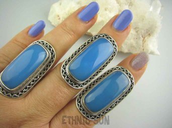 bpe3652 Błękitno - Niebieski CHALCEDON (TARCZYCA) Długi 4.1 cm Pierścień z chalcedonem r.17 Srebro 925 czakra gardła #