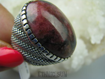 bpe5650 Piękny rodonit Wielki OKAZ 25 gramów !!!  Orientalny Duży Pierścień RODONIT - Niepokój, stres, bóle głowy, skurcze r.21/ r.22 Duży Rozmiar Srebro 925 #