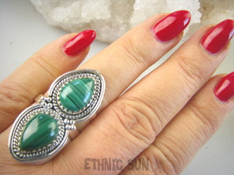 bpe8945 Biżuteria Egzotyczna !!! Cudowny Długi 3.9 cm Pierścionek Pierścień MALACHIT - pobudza kreatywność r.21/ r.22 Srebro 925 #