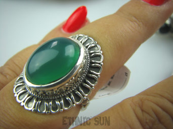 bpe5014 OKSYDOWANY MELONIK  !!!  Duży i Piękny OKAZ Pierścień zielony ONYKS regeneruje SERCE, EGZEMY, PAMIĘĆ r.16 Srebro 925 #