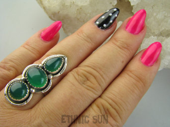 bpe9494 Orientalna Piękność Długi 3.7 cm cudownie zdobiony Pierścień Pierścionek Zielony Onyks r.19 Srebro 925 #