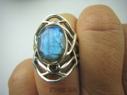 bpee3291 AŻUROWA SIEĆ  Piękny Pierścień szlifowany Niebieski Labradoryt Spektrolit - kamień Zorzy Polarnej r.15 lśniące Srebro 925 #