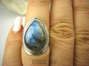 bpe8365 Egzotyczny Pierścień Pierścionek Niebieski LABRADORYT Spektrolit - kamień Zorzy Polarnej  r.14 SREBRO 925 #