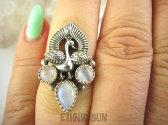 bpe9078 Orientalny Pierścień Pierscionek Królewski Paw oraz Kamień Księżycowy r.14 Srebro 925 #