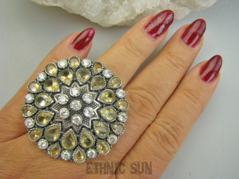 bpee4574 GENIALNA GWIAZDA WIECZORU - PIĘKNY Ogromny 34 g Luksusowy Pierścień z Cytrynami Cytryny Cyrkonie r.21/ r.22 Srebro 925 Kolekcja Wiktoriańska