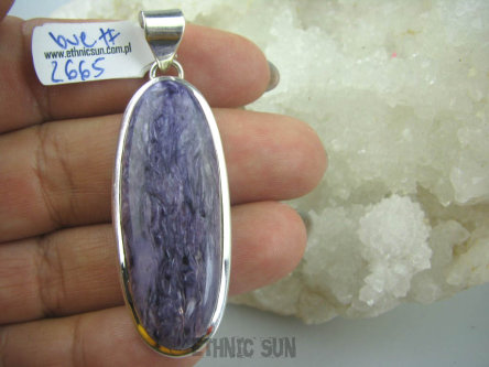 bwe2665 Duży długi 5,8 cm Drogocenny NIEZWYKŁY OKAZ !!!! WISIOR RZADKI FIOLETOWY CZAROIT z Syberii SYBERIA Srebro 925 #