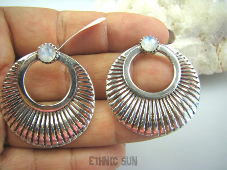 bke751 Duże Lekkie KOŁA Kolczyki na sztyft Kamień Księżycowy Srebro 925