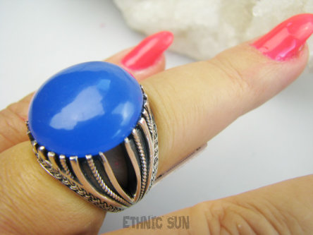 bpe9685 Chabrowa Piękność !!! MAROKAŃSKI Pierścień Pierścionek Chabrowy Chalcedon r.14 MAROKO Srebro 925 #