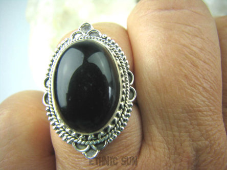 bpe6458 Śliczny Pierścień czarny ONYKS regeneruje SERCE, EGZEMY, PAMIĘĆ r.15 Srebro 925 #