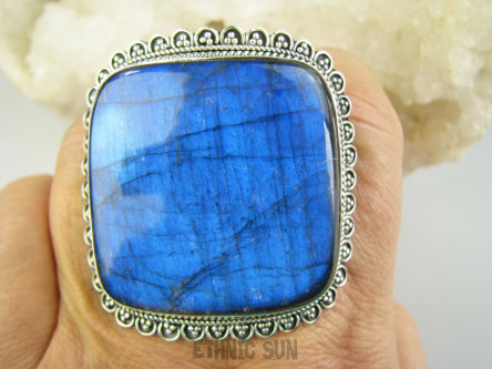 bpe9722 CUDOWNY GIGANT 42G OKAZ Regulowany Pierścień Niebiesko Granatowy Labradoryt Spektrolit kamień odwagi r.18, r.19, r.20, r.21, r.22, r.23 Srebro 925 #