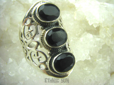 bpee3394 LŚNIĄCA HRABINA !!! Długi Olśniewający Ażurowy Pierścień Czarny Onyks r.15 szeroka obrączka Srebro 925 #