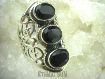 bpee3394 LŚNIĄCA HRABINA !!! Długi Olśniewający Ażurowy Pierścień Czarny Onyks r.15 szeroka obrączka Srebro 925 #