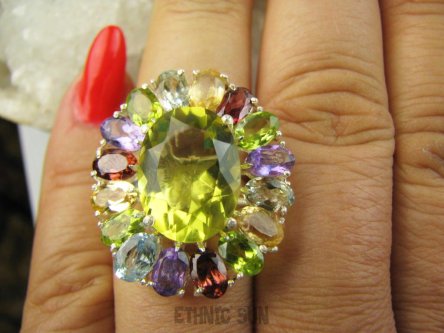 bpee4716 Wooow BOSKO PIĘKNY WIELOBARWNY Lux Pierścień Pierścionek naturalny Cytryn Lemon, Ametyst, Granaty, Oliwin, Blue Topaz r.15 SREBRO 925 #