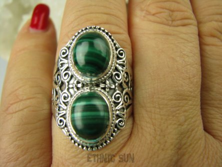 bpe6485 Biżuteria Egzotyczna !!! Pierścień MALACHIT - pobudza kreatywność r.20/ r.21 szeroka obrączka Srebro 925 #