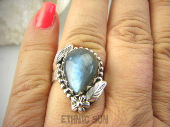 bpe9087 Czarodziejsko Piękny Orientalny Pierścień Pierścionek Labradoryt Spektrolit - kamień Zorzy Polarnej r.17 Srebro 925 #