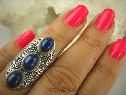 bpe6401 KSIĘŻNA Z EGIPTU  !!! Egzotyczny Długi Pierścień Królewski Lapis Lazuli strażnik prawdy i mądrości r.13 Srebro 925 #