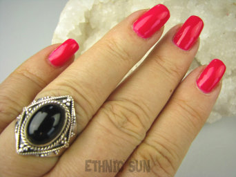 bpe6857 Śliczny Orientalny Delikatny Pierścień czarny ONYKS regeneruje SERCE, EGZEMY, PAMIĘĆ r.15/ r.16 Srebro 925