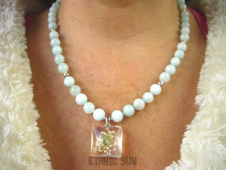 bn1199 Kwiatowa Kolekcja - Delikatny Romantyczny Naszyjnik i Kolczyki JADEIT Błękitny suszone kwiaty Srebro 925