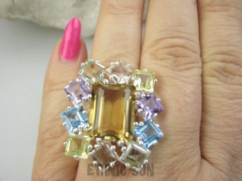 bpee4514 Wooow SŁONECZNY KLAJNOT PIĘKNY WIELOBARWNY CZWOROKĄT DUŻY OKAZ 19g !! Pierścień Pierścionek naturalny Cytryn, Ametyst, Blue Topaz, Kwarc Dymny r.17 SREBRO 925 #