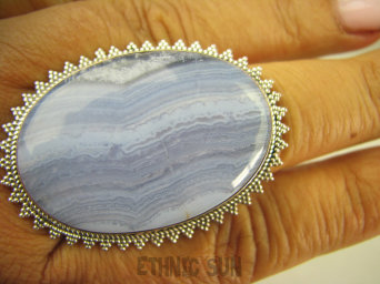 bpe7901 FENOMENALNY śliczny OKAZ 27 gramów CUDNY Pierścień 4.6 cm / 3.3 cm KORONKOWY Niebieski AGAT BLUE LACE kamień spokoju STRES, regulowany r.18, r.19, r.20, r.21, r.22 Srebro 925 #