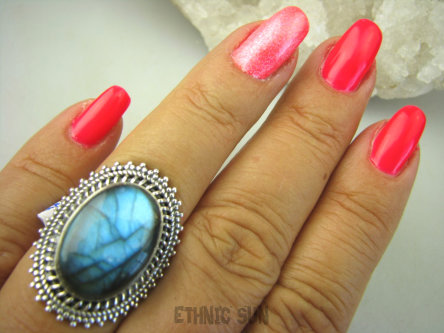 bpe8185 MAX BLASK - Czarodziejsko Piękny Orientalny Pierścień Labradoryt Spektrolit - kamień Zorzy Polarnej r.15 Srebro 925 #