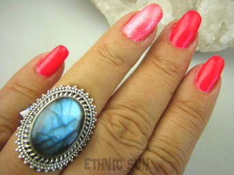 bpe8185 MAX BLASK - Czarodziejsko Piękny Orientalny Pierścień Labradoryt Spektrolit - kamień Zorzy Polarnej r.15 Srebro 925 #