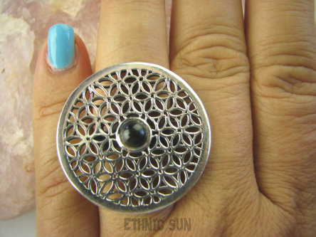 bpe6387 WIELKI I PIĘKNY Pierścień KWIAT ŻYCIA - SILNY AMULET OCHRONNY !!!! Ażurowy Pierścień Brązowy Kwarc Dymny r.17 SREBRO 925 #