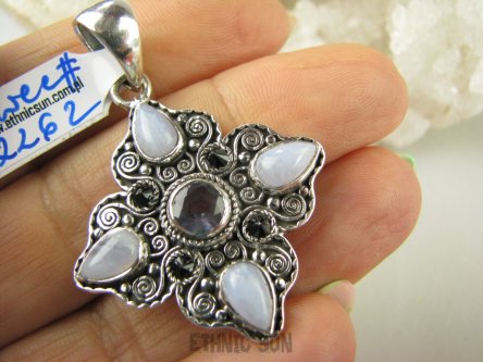 bwee2262 KUNSZTOWNY PIĘKNIE ZDOBIONY WISIOR INDYGOLIT, AGAT BLUE LACE, CZARNY ONYKS pięknie kute Srebro 925 #