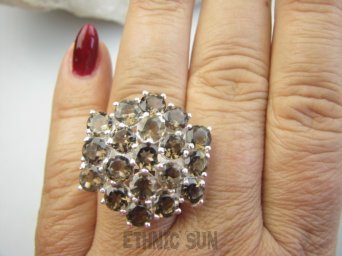 bpee4541 Królewski Okaz CACKO Czekoladowy Kwarc Pierścień Pierścionek naturalny Kwarc Dymny r.18 SREBRO 925 # stres i nadmierne emocje