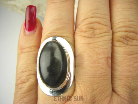 bpe8697 Cudowny Pierścionek Pierścień OBSYDIAN CZARNY - chroni przed zawiścią, „złym spojrzeniem” i przed pechem r.16 Srebro 925 #