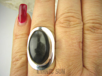 bpe8697 Cudowny Pierścionek Pierścień OBSYDIAN CZARNY - chroni przed zawiścią, „złym spojrzeniem” i przed pechem r.16 Srebro 925 #