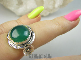 bpe9592 Biżuteria Orientalna Delikatna piękność śliczny Pierścień Pierścionek Zielony Onyks r.14 Srebro 925 #