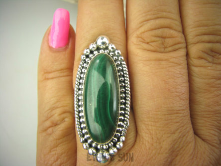 bpe7944 Biżuteria Egzotyczna !!! Cudowny duży 4cm MALACHIT W ORIENTALNEJ OPRAWIE -  Pierścień MALACHIT - pobudza kreatywność r.18/ r.19 Srebro 925 #