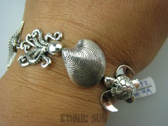 bb2654 Rewelacyjna MORSKIE SKARBY dł 20 cm !!!! Fantastyczna Duża 22/23 gramy !!! Srebrna Bransoleta Żółw, Muszla, Ośmiornica, Rozgwiazda, Gałązki Koralowca cała ze Srebra Srebro 925 #