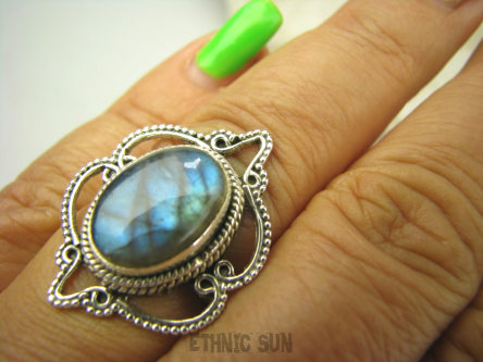 bpe7890 Finezyjny Piękny Delikatny Pierścień Labradoryt Spektrolit r.16/ r.17 ażurowe Srebro 925 #