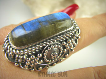 bpe6628 CUDO UNIKAT NASZ PROJEKT  !!! Duży Masywny 29 G !!! PIERŚCIEŃ Labradoryt Spektrolit r.19/ r.20 Srebro 925 #