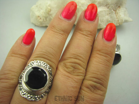 bpee2711 Pierścień szlifowany Czarny Onyks - regeneruje SERCE, EGZEMY, PAMIĘĆ r.19/ r.20 SREBRO 925 #