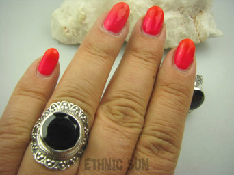 bpee2711 Pierścień szlifowany Czarny Onyks - regeneruje SERCE, EGZEMY, PAMIĘĆ r.19/ r.20 SREBRO 925 #