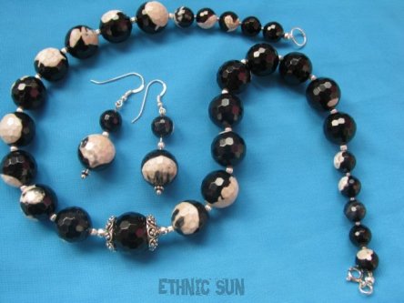 an1447 AGAT PANDA Elegancki DUŻY  Stylowy Naszyjnik Kolczyki AGAT PANDA Srebro