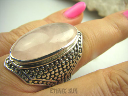 bpe4295 Niezwykły duży 3,3 cm 15 g Pierścień naturalny KWARC RÓŻOWY - kamień mocnego serca r.20/ r.21 Srebro 925 #