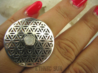 bpe6234 Duży obracający się Pierścień KWIAT ŻYCIA - SILNY AMULET OCHRONNY !!!! Ażurowy  Pierścień Biały Kamień Księżycowy r.15 SREBRO 925 #
