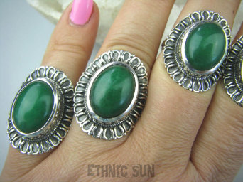 bpe5689 Jadeitowy MELONIK  !!!  Duży i Piękny OKAZ Pierścień zielony Jadeit - antystresowy KAMIEŃ DOBROBYTU r.16 Srebro 925 # 