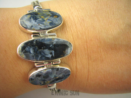 bb2997 Fantastyczna mieniąca się Bransoleta Wielobarwny Iskrzący Pietersyt z Namibii - Kamień Burzy Srebro 925 #